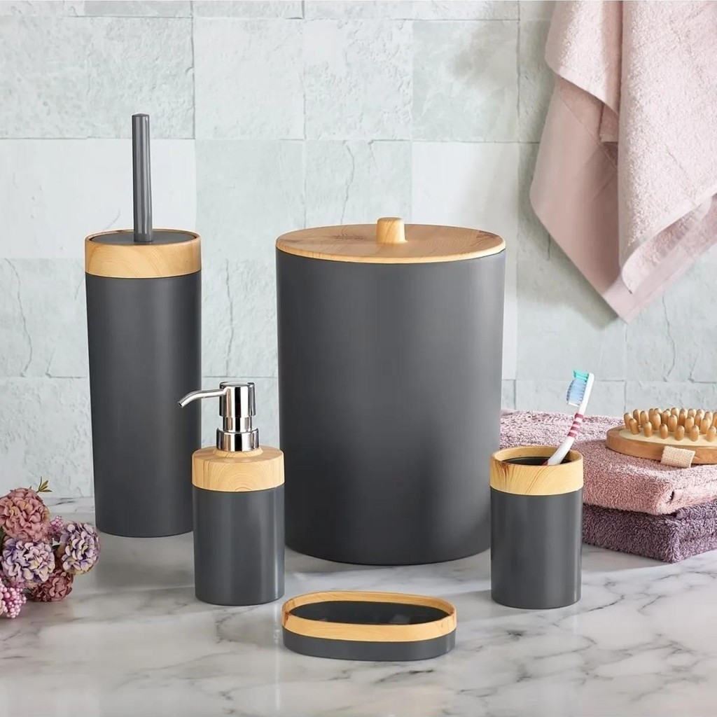 Mutfak Köşesi Limpia Bambu Desenli Beyaz 5'li Banyo Seti Çöp Kovası, Sıvı Sabunluk, Diş Fırçalık - Gri Diğer Fiyatı