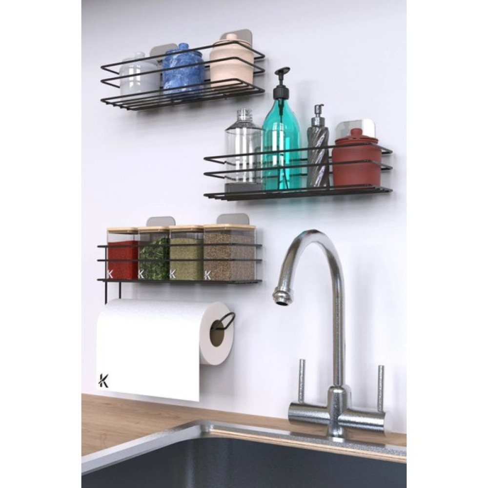 Mutfak Rafı Yapışkanlı Baharatlık 3 Lü Set Organizer Düzenleyici - Siyah Duvar Rafı Fiyatı