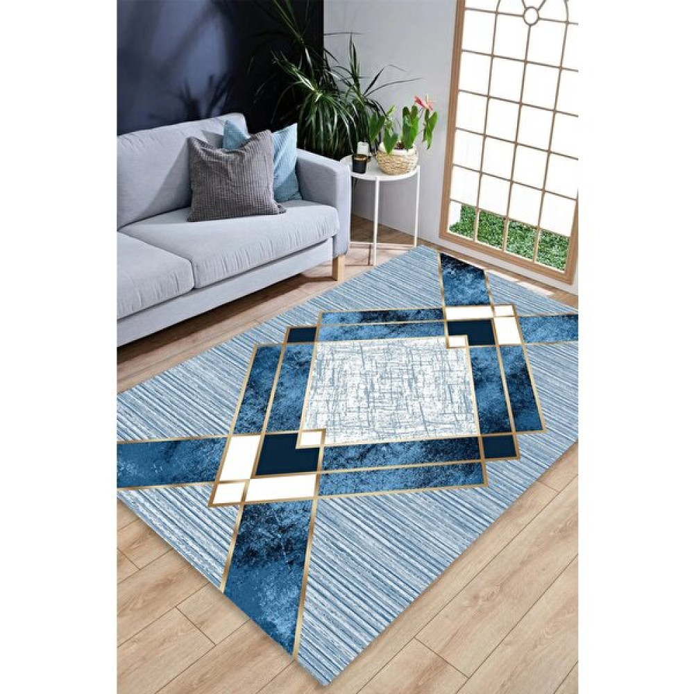 Mutlu Çeyiz Geometrik Desenli Süngerli Lastikli Kaymaz Yıkanabilir Halı Örtüsü - Buz Mavi - 200 x 300 cm Salon & Oturma Odası Tekstili Fiyatı