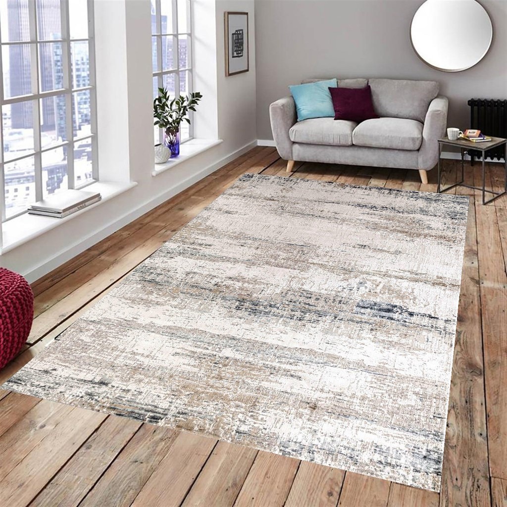 Mutlu Çeyiz Lastikli Kaymaz Yıkanabilir Dijital Baskılı Halı Örtüsü Krem Mavi Beyaz 4m2 - 160 x 230 cm - Renkli Salon Halısı Fiyatı