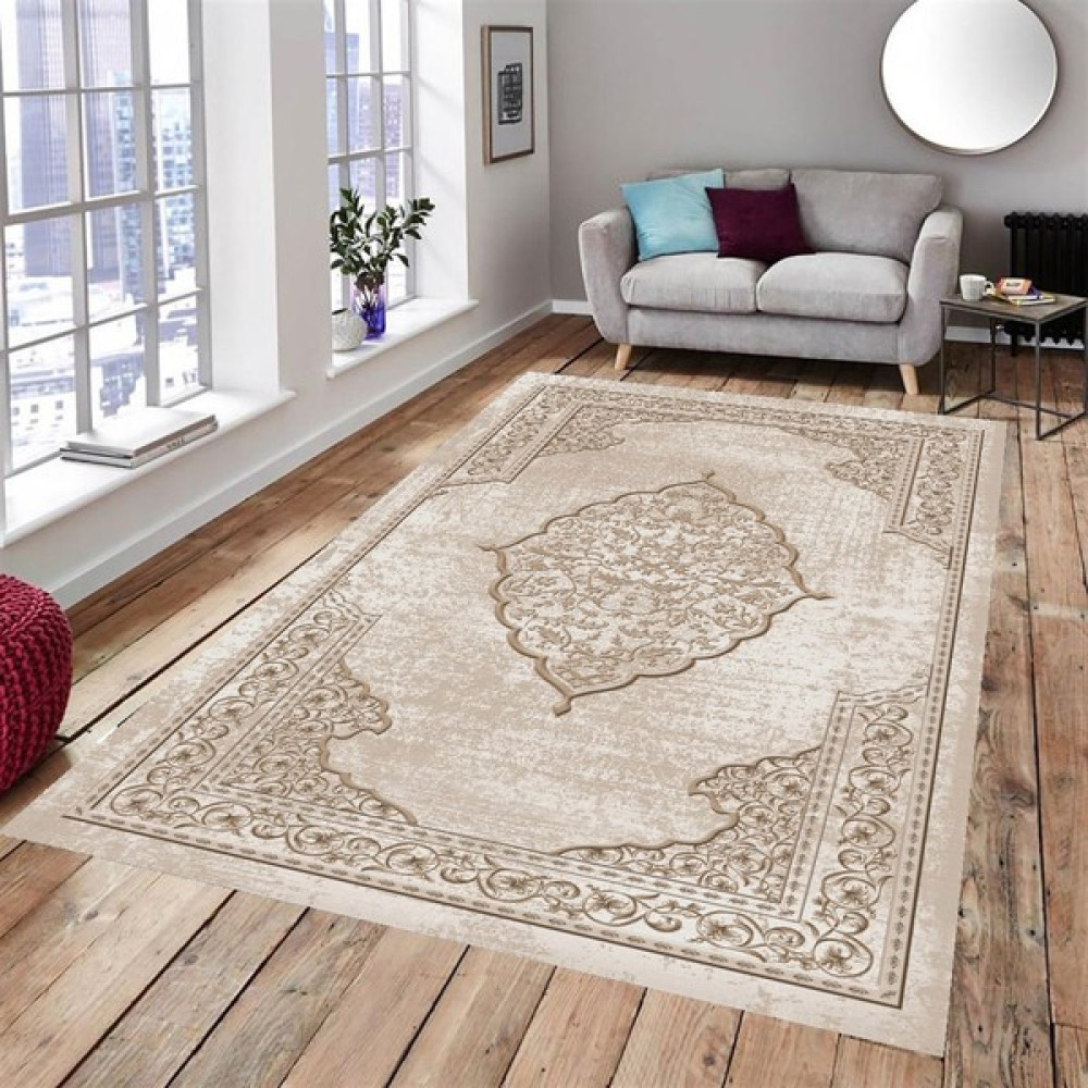Mutlu Çeyiz Lastikli Kaymaz Yıkanabilir Dijital Baskılı Halı Örtüsü MC6024 - 200 x 290 cm - Krem Salon & Oturma Odası Tekstili Fiyatı