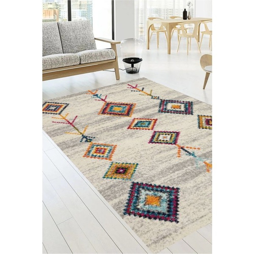 Mutlu Çeyiz Süngerli Lastikli Kaymaz Yıkanabilir Dijital Baskılı Halı Örtüsü - 200 x 290 cm - Krem Zemin - Sarı - Turuncu - Lila Desenli Salon & Oturma Odası Tekstili Fiyatı