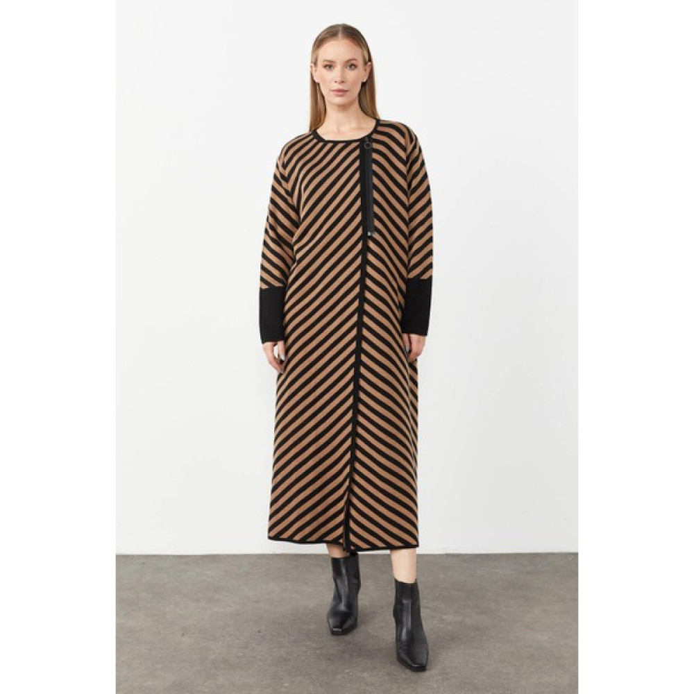 Mutlu Ertan Çizgili Uzun Triko Hırka-Siyah - Camel Kadın Hırka Fiyatı