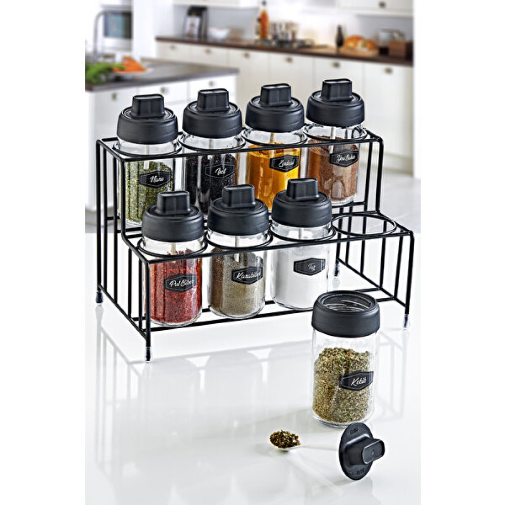 Muyika Design Metal Standlı Kendinden Kaşıklı Baharatlık Seti 300 ml 8'li + Baharat Etiketi - Şeffaf Baharat Setleri & Baharatlıklar Fiyatı