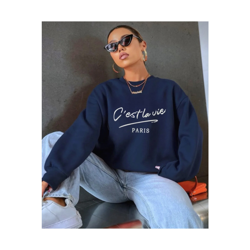 My Blog Lacivert Cest La Vie Paris Bisiklet Yaka Sweatshirt XL Beden Bayan Sweatshirt Fiyatı