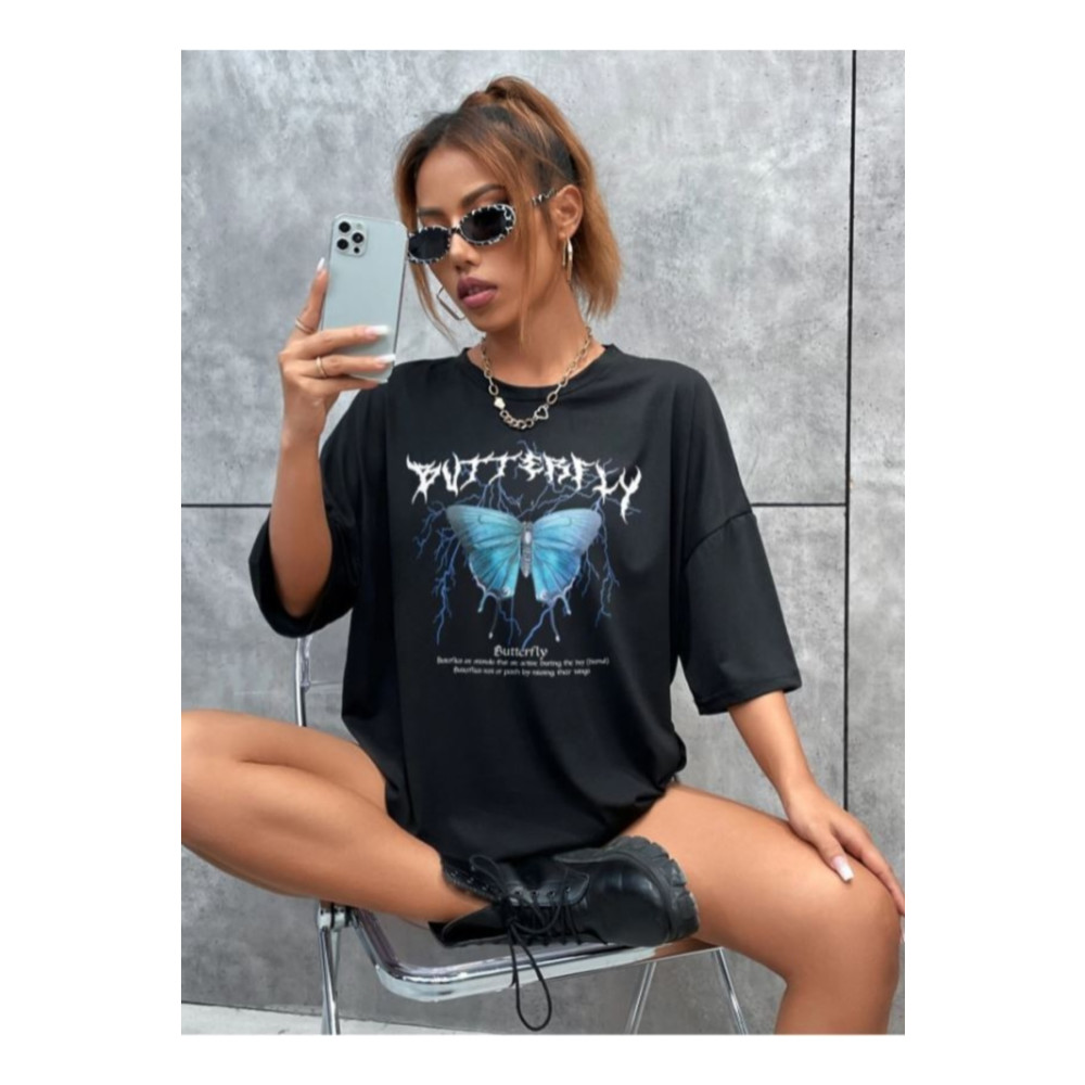 My Blog Siyah Kelebek Baskılı Oversize T-shirt L Beden Bayan T-shirt Fiyatı