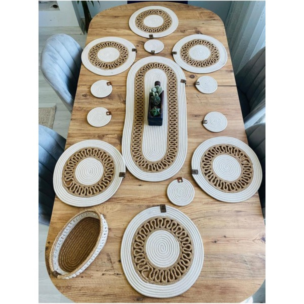My Doğa Store Jüt Hasır Amerikan Servis Supla Runner Sepet ve Bardaklık 14 Lü - Krem - Hasır - 33 x 33 cm Masa Örtüsü Fiyatı