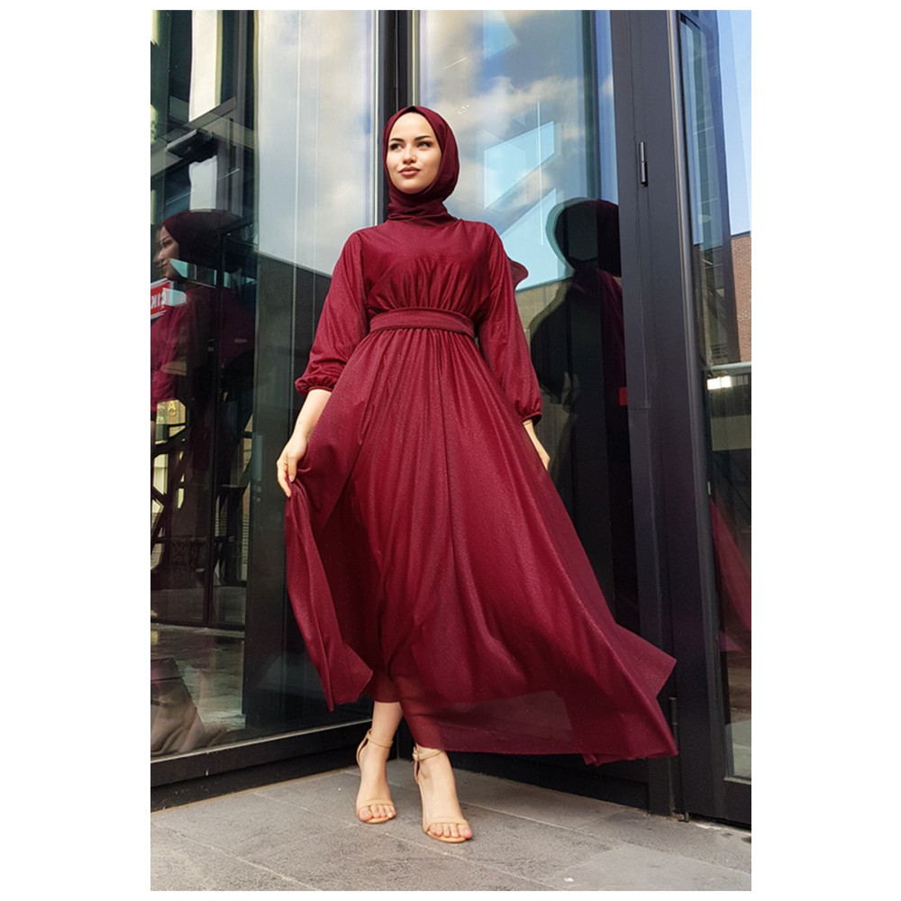MY DREAM Simli Belden Kuşaklı Bordo Tesettür Abiye Elbise 46 Beden Tesettür Giyim Fiyatı