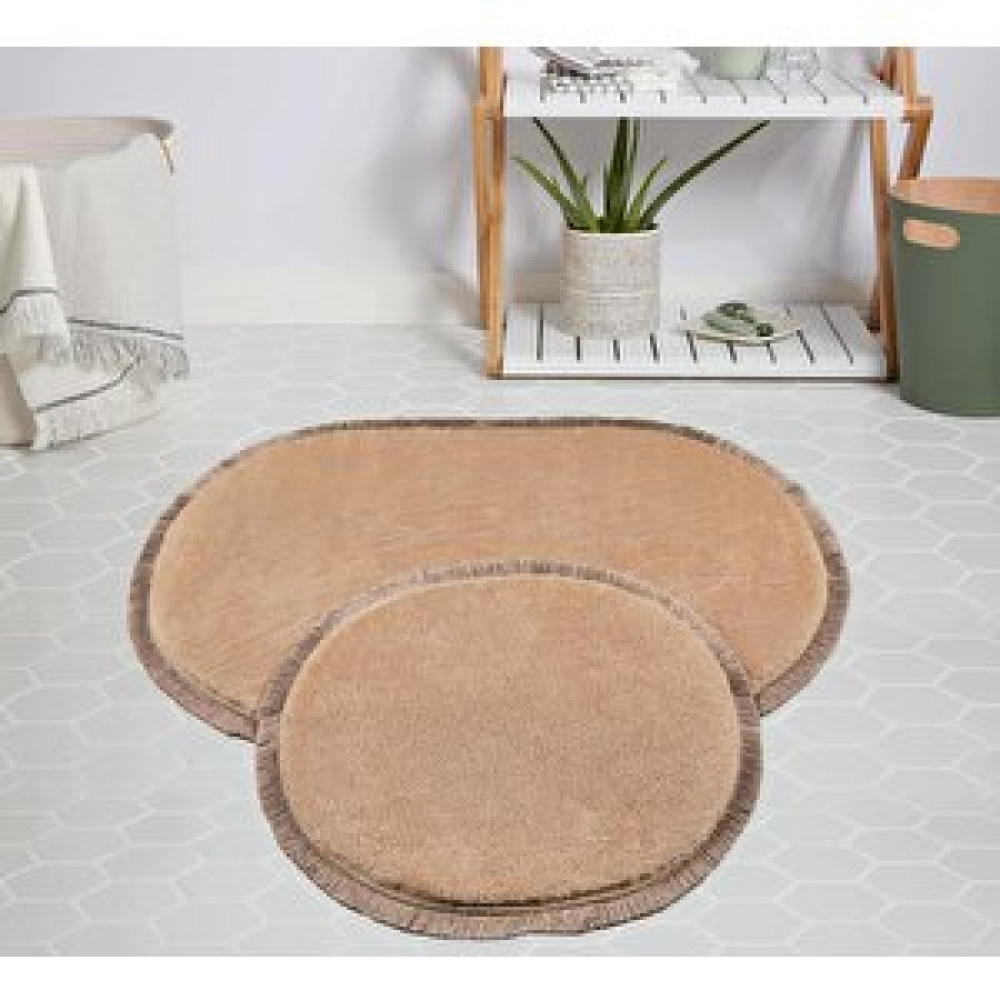 My Evilla Modern Dekoratif Halı Jel Kaymaz Taban Peluş Bej Saçaklı Oval Paspas Takımı 50x80 Banyo Halısı Fiyatı