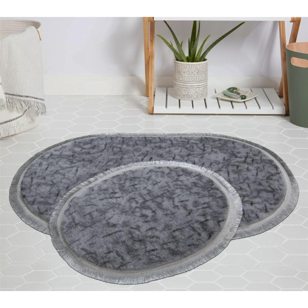 My Evilla Modern Dekoratif Halı Jel Kaymaz Taban Peluş Gri Desenli Saçaklı Oval Paspas Takımı 50X80 - Renkli Klozet Takımı Fiyatı