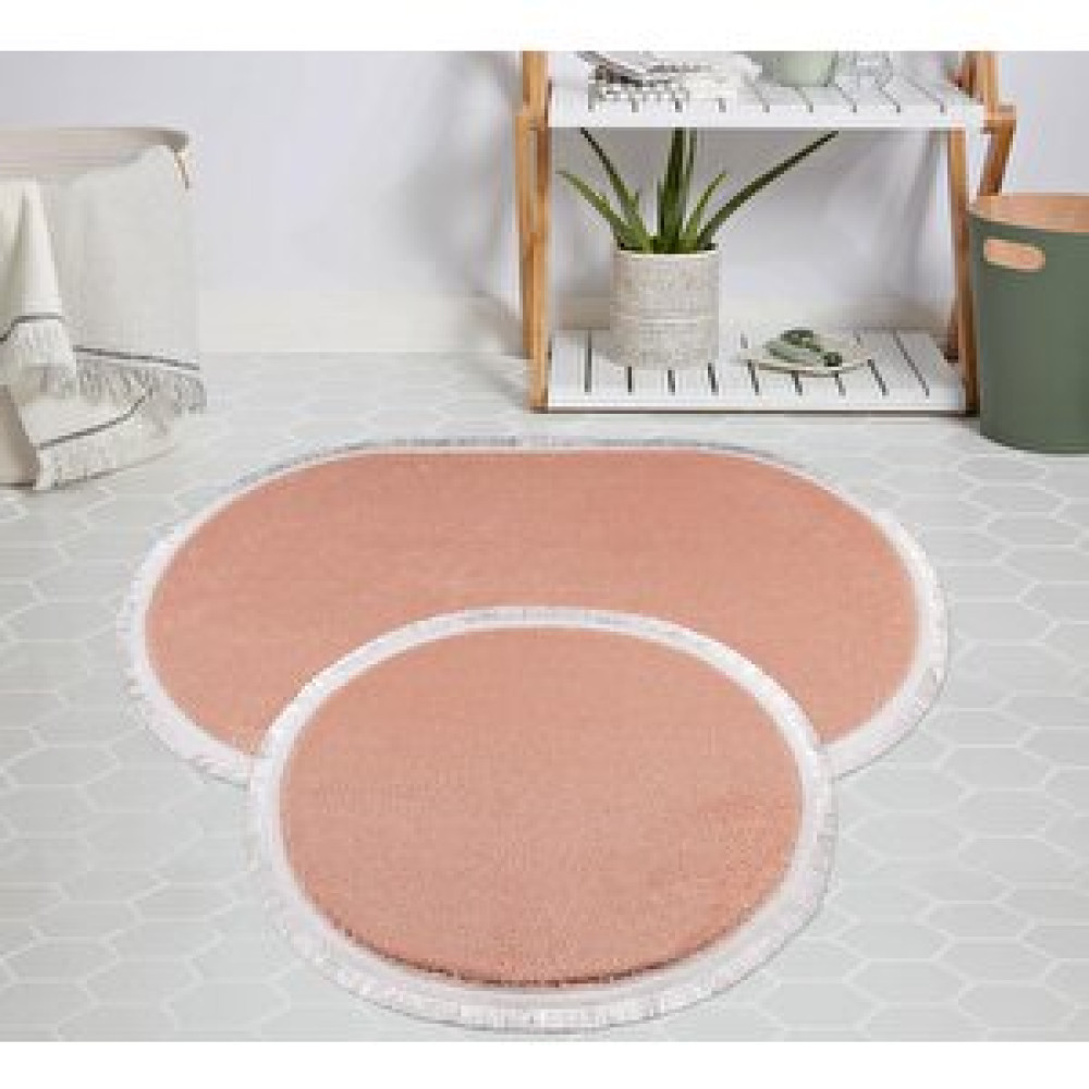 My Evilla Modern Dekoratif Halı Jel Kaymaz Taban Peluş Pembe Saçaklı Oval Paspas Takımı 50x80 Banyo Halısı Fiyatı