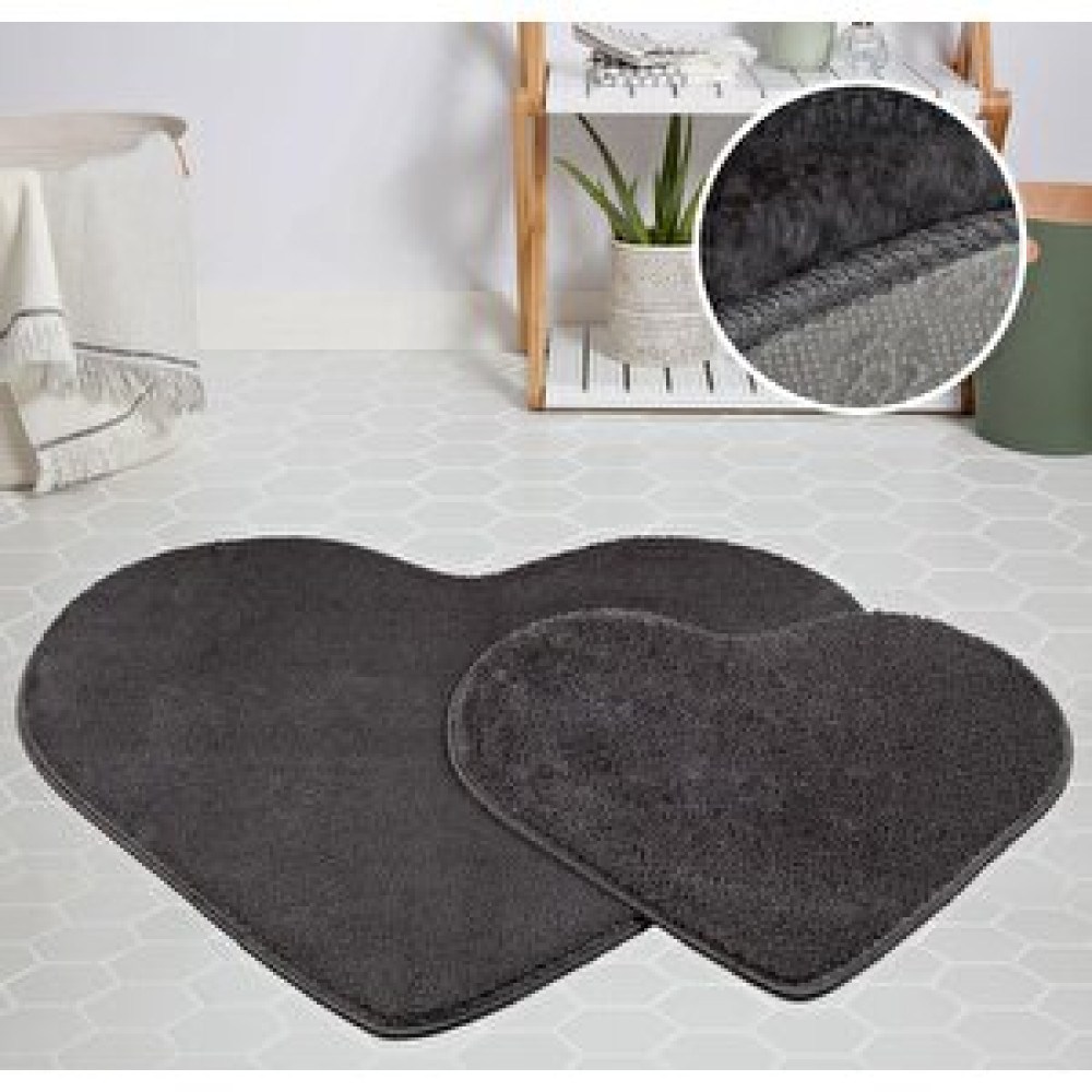 My Evilla Modern Dekoratif Halı Jel Kaymaz Taban Peluş Puffy Kalp Model Antrasit Paspas Takımı 70x100-70x60 Banyo Halısı Fiyatı