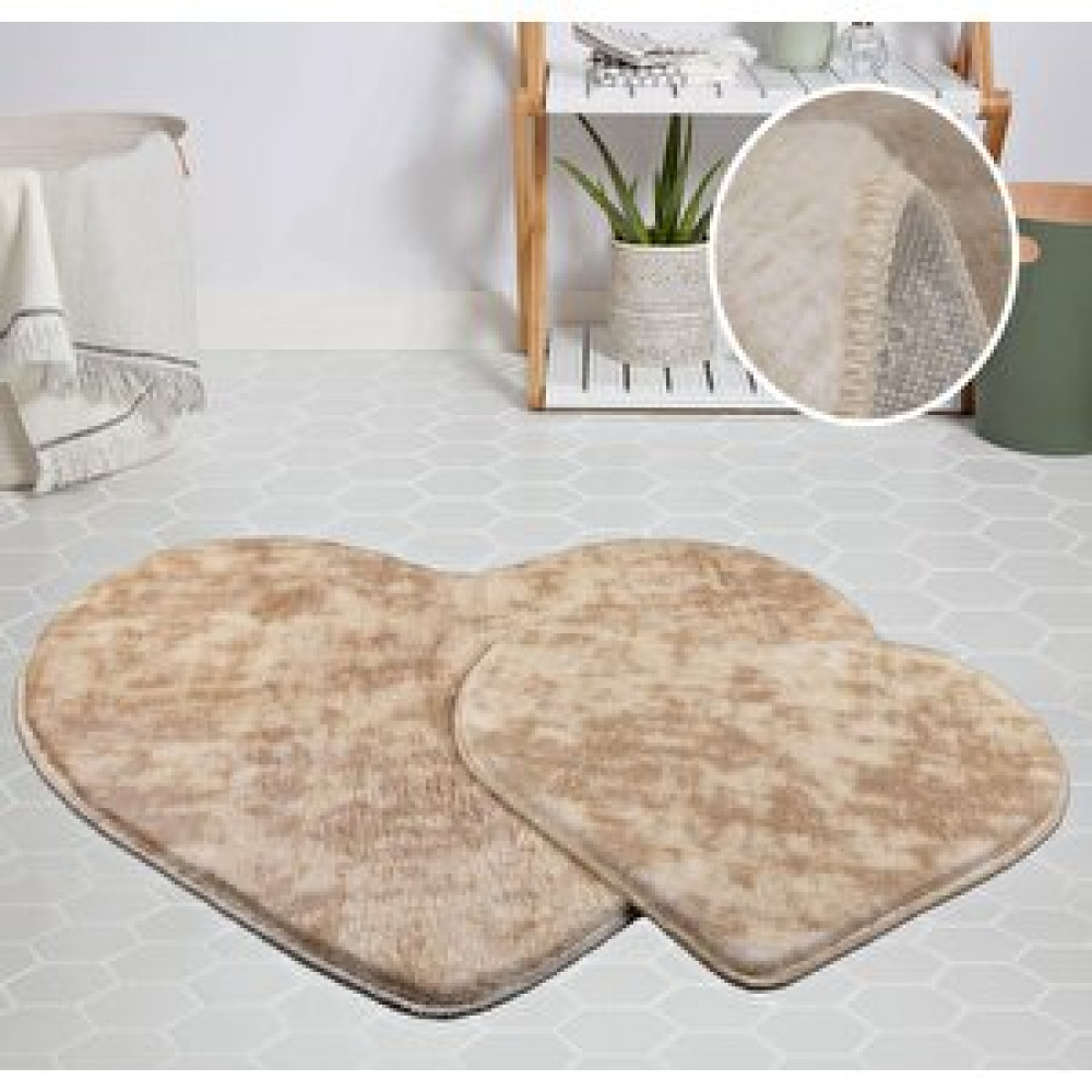 My Evilla Modern Dekoratif Halı Jel Kaymaz Taban Peluş Puffy Kalp Model Bej Paspas Takımı 70x100-70x60 Banyo Halısı Fiyatı