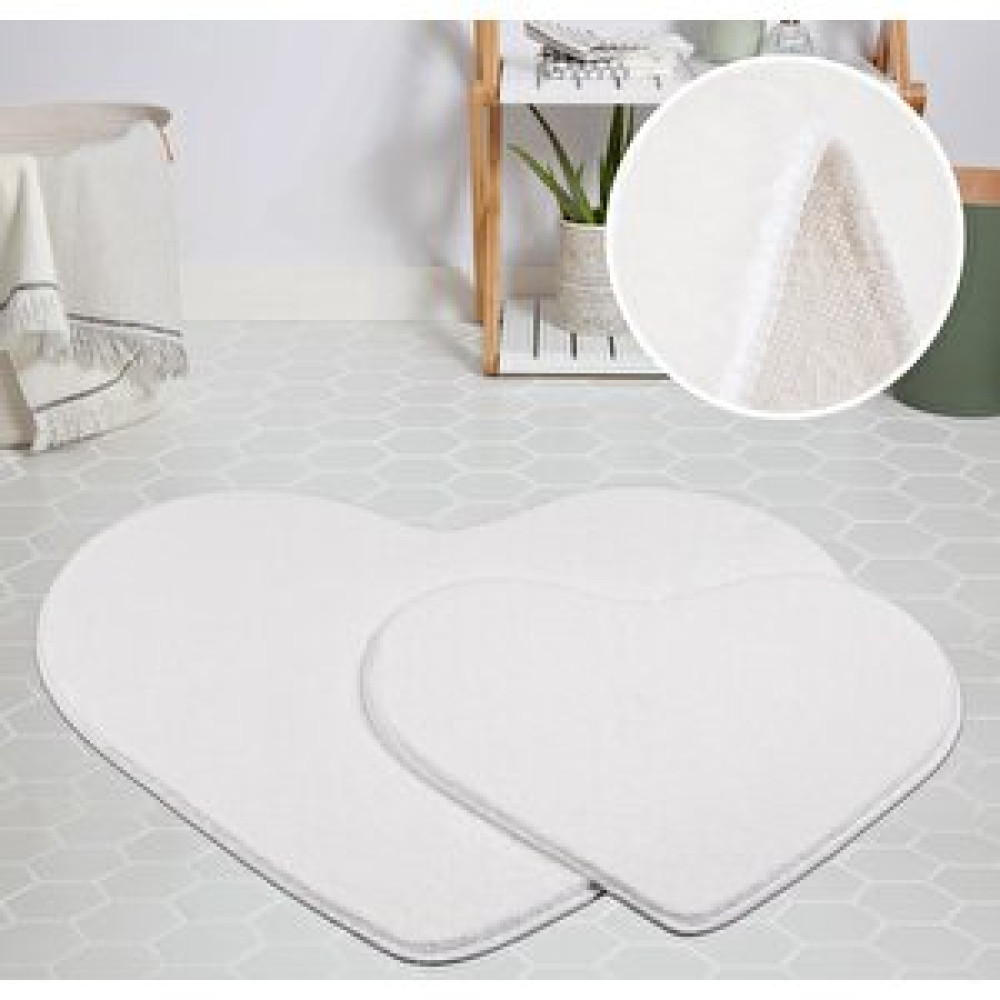 My Evilla Modern Dekoratif Halı Jel Kaymaz Taban Peluş Puffy Kalp Model Beyaz Paspas Takımı 70x100-70x60 Banyo Halısı Fiyatı