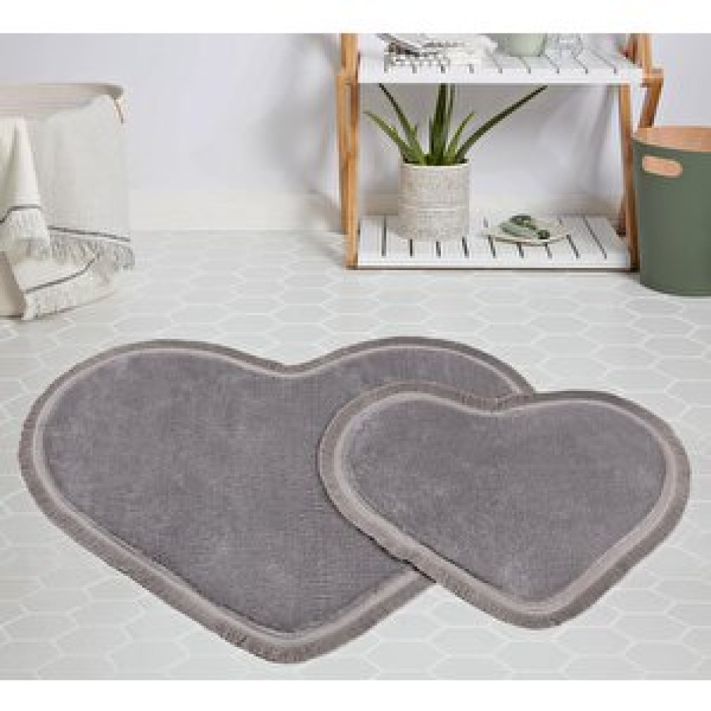 My Evilla Modern Dekoratif Halı Jel Kaymaz Taban Peluş Puffy Kalp Model Gri̇ Saçaklı Paspas Takımı 70x100-70x60 Banyo Halısı Fiyatı