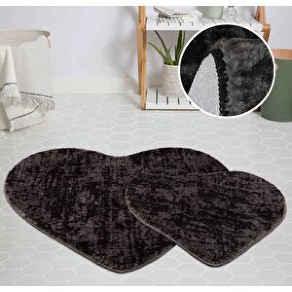 My Evilla Modern Dekoratif Halı Jel Kaymaz Taban Peluş Puffy Kalp Model Gri Siyah Paspas Takımı 70x100-70x60 Banyo Halısı Fiyatı