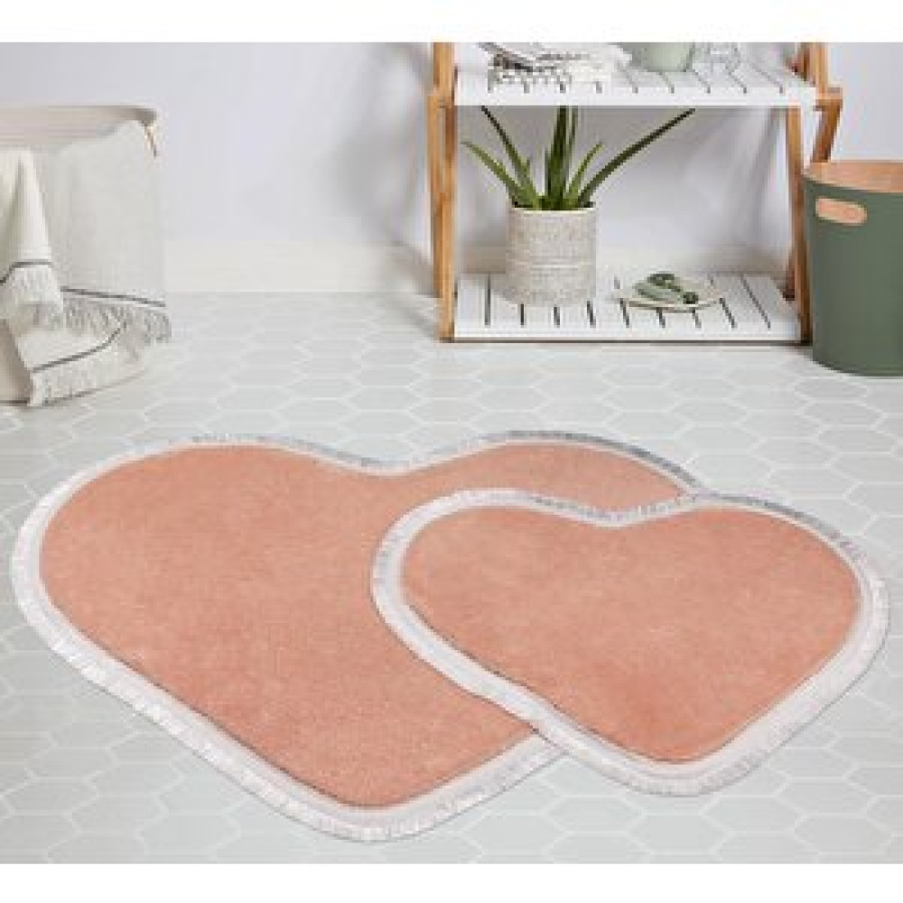 My Evilla Modern Dekoratif Halı Jel Kaymaz Taban Peluş Puffy Kalp Model Pembe Saçaklı Paspas Takımı 70x100-70x60 Banyo Halısı Fiyatı