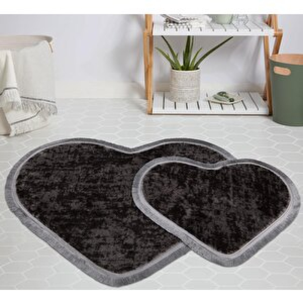 My Evilla Modern Dekoratif Halı Jel Kaymaz Taban Peluş Puffy Kalp Model Si̇yah Gri̇ Saçaklı Paspas Takımı 70x100-70x60 Banyo Halısı Fiyatı