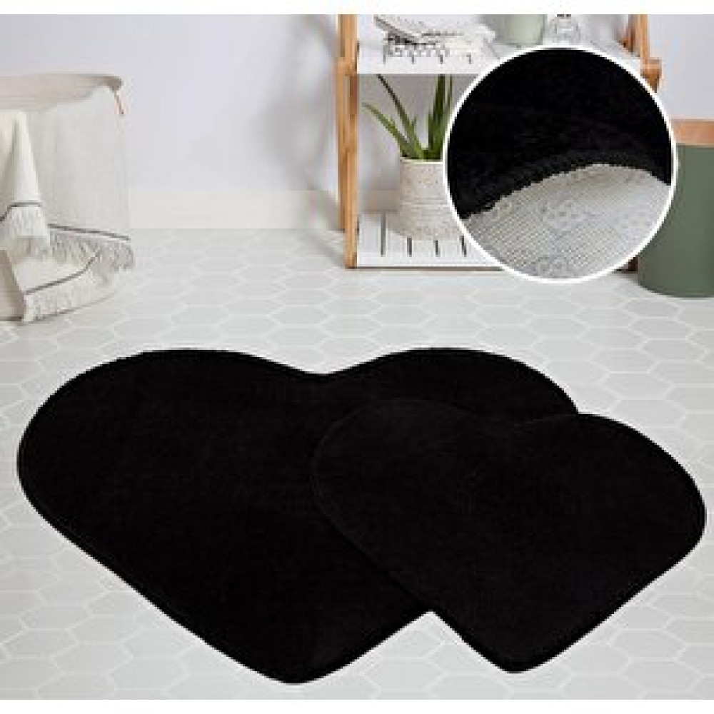 My Evilla Modern Dekoratif Halı Jel Kaymaz Taban Peluş Puffy Kalp Model Siyah Paspas Takımı 70x100-70x60 Banyo Halısı Fiyatı