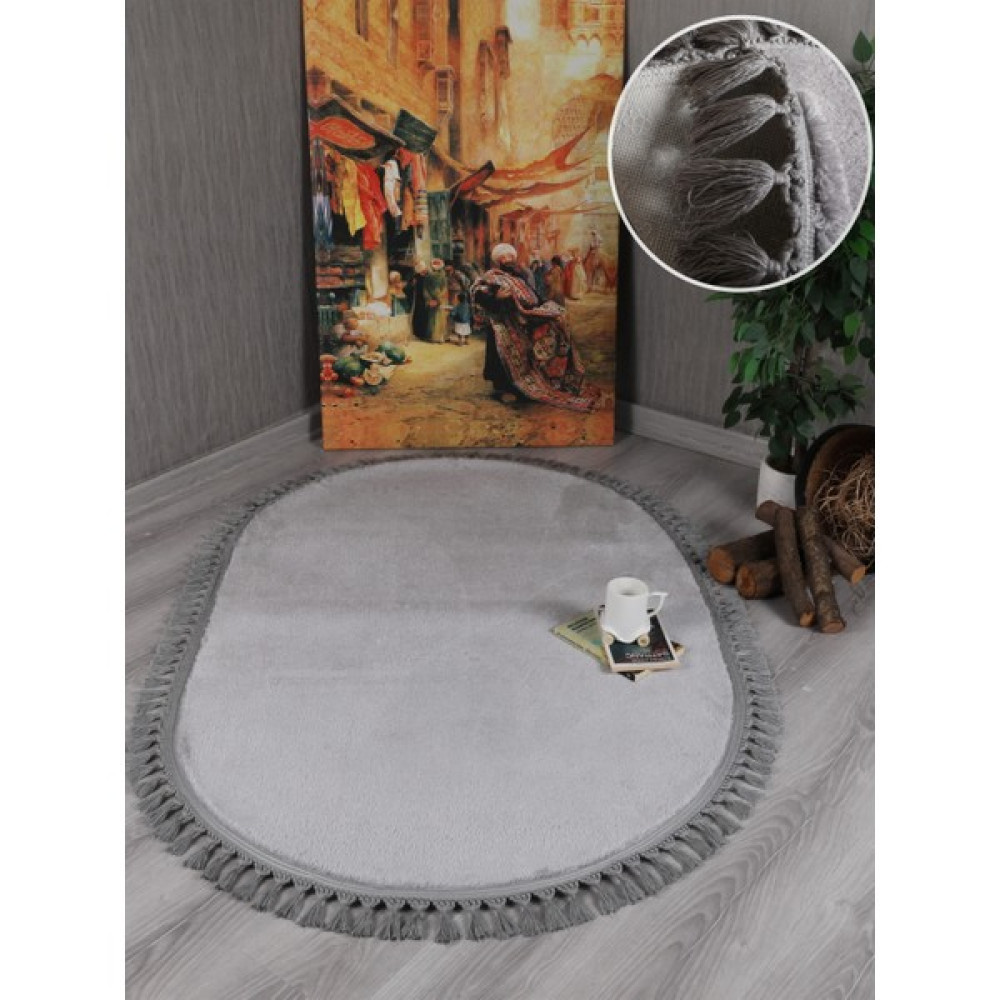 My Evilla Modern Dekoratif Kaymaz Taban Rabbit Oval Örgü Saçaklı - 150 x 200 cm - Gri Yolluk Fiyatı