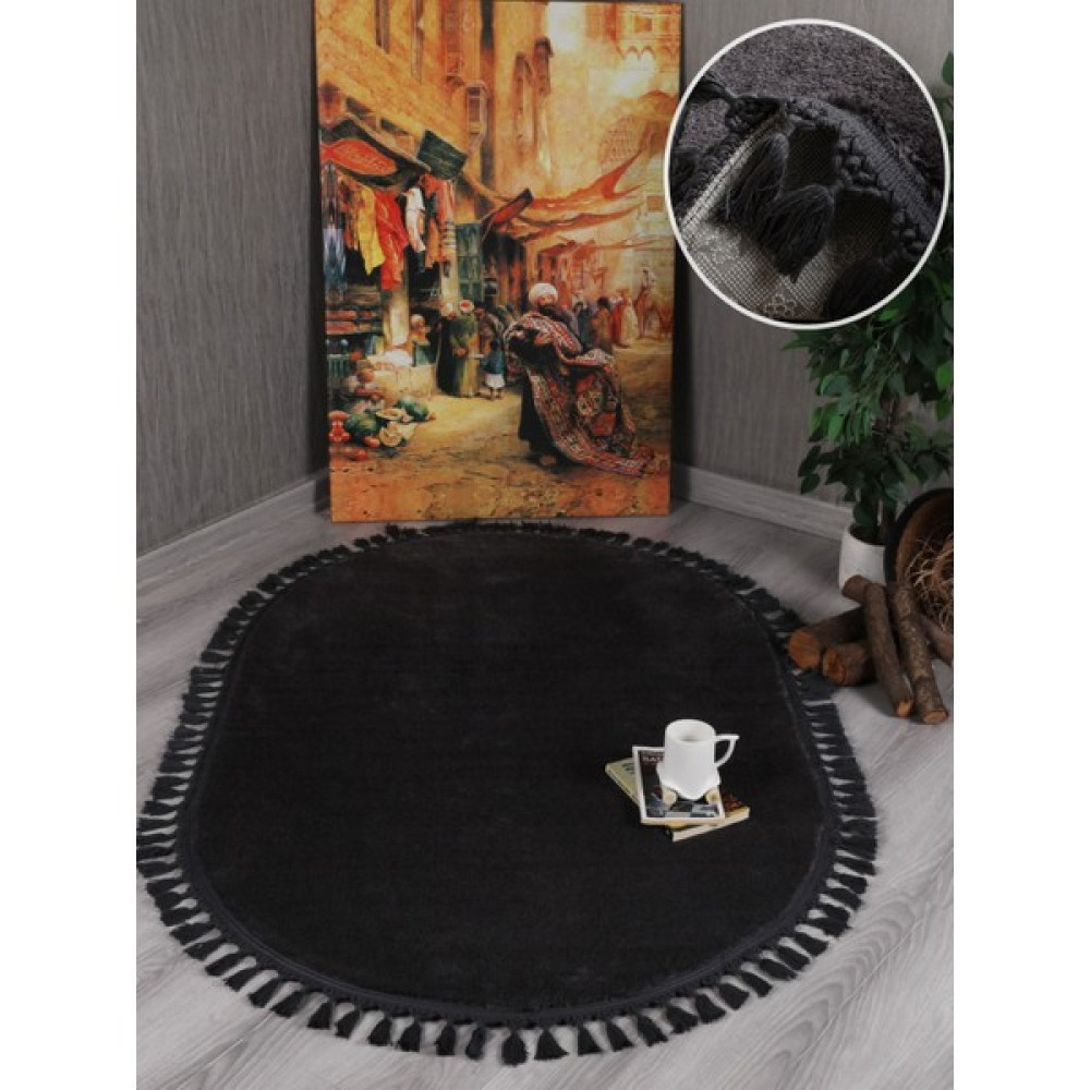 My Evilla Modern Dekoratif Kaymaz Taban Rabbit Oval Örgü Saçaklı - 40 x 60 cm - Antrasit Yolluk Fiyatı