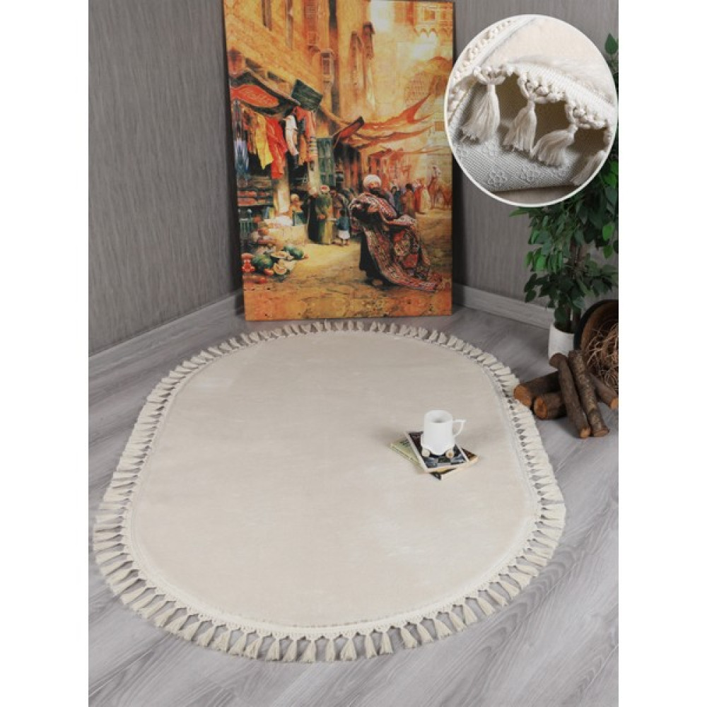 My Evilla Modern Dekoratif Kaymaz Taban Rabbit Oval Örgü Saçaklı - 40 x 60 cm - Krem Yolluk Fiyatı