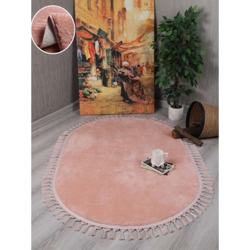 My Evilla Modern Dekoratif Kaymaz Taban Rabbit Oval Örgü Saçaklı - 40 x 60 cm - Pembe Yolluk Fiyatı