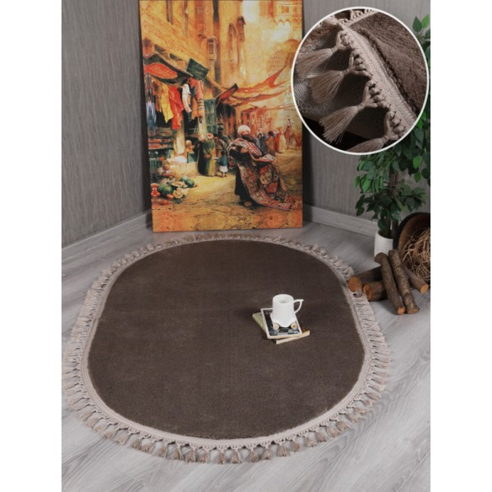 My Evilla Modern Dekoratif Kaymaz Taban Rabbit Oval Örgü Saçaklı - 40 x 60 cm - Vizon Yolluk Fiyatı