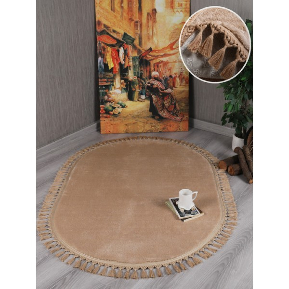 My Evilla Modern Dekoratif Kaymaz Taban Rabbit Oval Örgü Saçaklı - 50 x 80 cm - Bej Yolluk Fiyatı