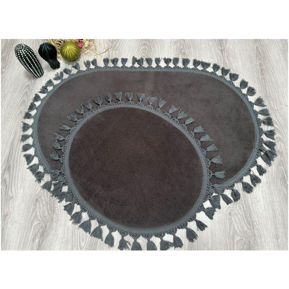 My Evilla Modern Dekoratif Simirna Peluş Oval Ponpon Saçaklı Klozet Takımı 50X80-50X40 - Antrasit Klozet Takımı Fiyatı
