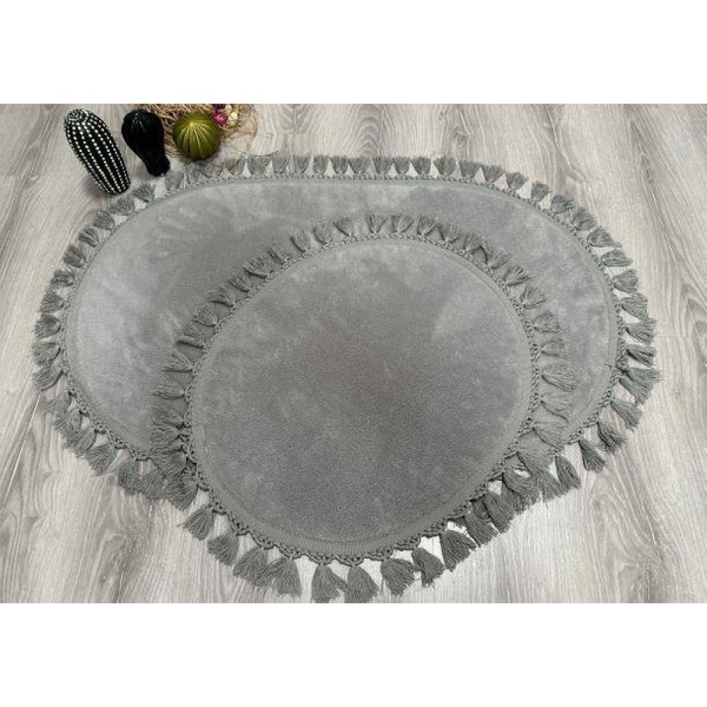 My Evilla Modern Dekoratif Simirna Peluş Oval Ponpon Saçaklı Klozet Takımı 60X100-50X60 - Açık Gri Klozet Takımı Fiyatı