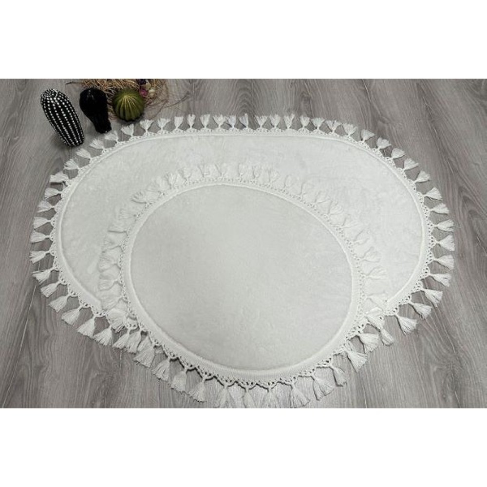 My Evilla Modern Dekoratif Simirna Peluş Oval Ponpon Saçaklı Klozet Takımı 60X100 - 50X60 - Beyaz Klozet Takımı Fiyatı