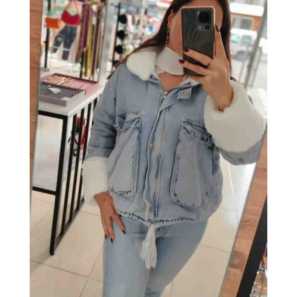 My Lily Kadın Peluş Yaka Kürk Detaylı Mavi Kot Mont Bayan Mont Fiyatı