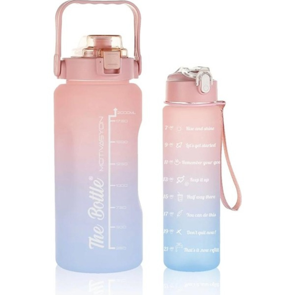 My Pazarım Motivasyonel 2li Pipetli Stickerli Su Matarası Su Şişesi Suluk 2LT+900ML Yavrulu Tritan Su Şişesi Suluk Motivasyonset Matara Fiyatı