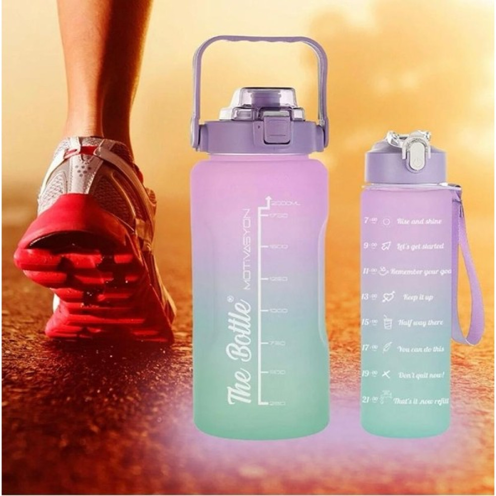 My Pazarım Motivasyonel 2li Pipetli Stickerli Su Matarası Su Şişesi Suluk 2LT+900ML Yavrulu Tritan Su Şişesi Suluk Motivasyonset- Matara Fiyatı