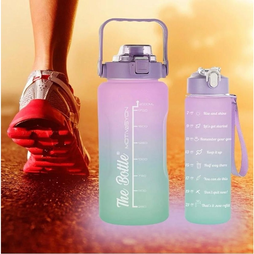 My Pazarım Motivasyonel 2li Pipetli Stickerli Su Matarası Su Şişesi Suluk 2LT+900ML Yavrulu Tritan Su Şişesi Suluk Motivasyonset Diğer Fiyatı