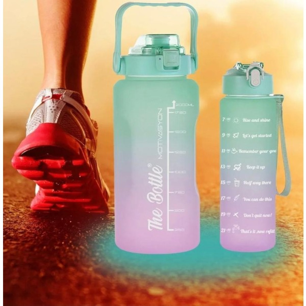 My Pazarım Motivasyonel 2li Pipetli Stickerli Su Matarası Su Şişesi Suluk 2LT+900ML Yavrulu Tritan Su Şişesi Suluk Motivasyonset- - Yeşil Suluk Fiyatı