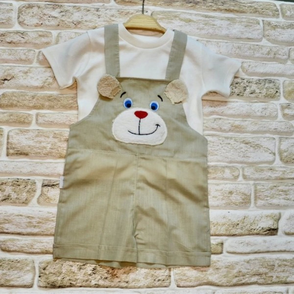 My The Mall Keten Kumaş Tişörtlü Ayıcık Nakışlı Şort 2li Kız Erkek Bebek Salopet Takımı Bej Bebek Giysi Takım Fiyatı