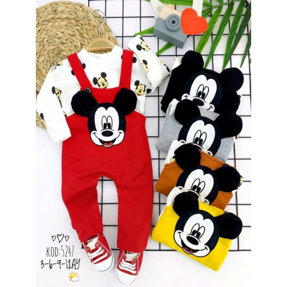 My The Mall Mickey Figürlü Uzun Kollu Baskılı Sweatli 2li Kız Erkek Bebek Salopet Takımı Kırmızı Bebek Giysi Takım Fiyatı