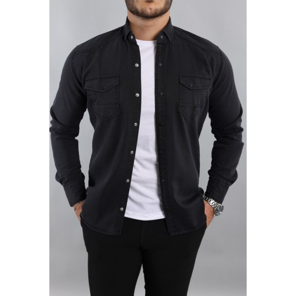 My Vintage Slim Fit Erkek Dar Kesim Pamuklu Kot Gömlek Koyu Antrasit Erkek Gömlek Fiyatı
