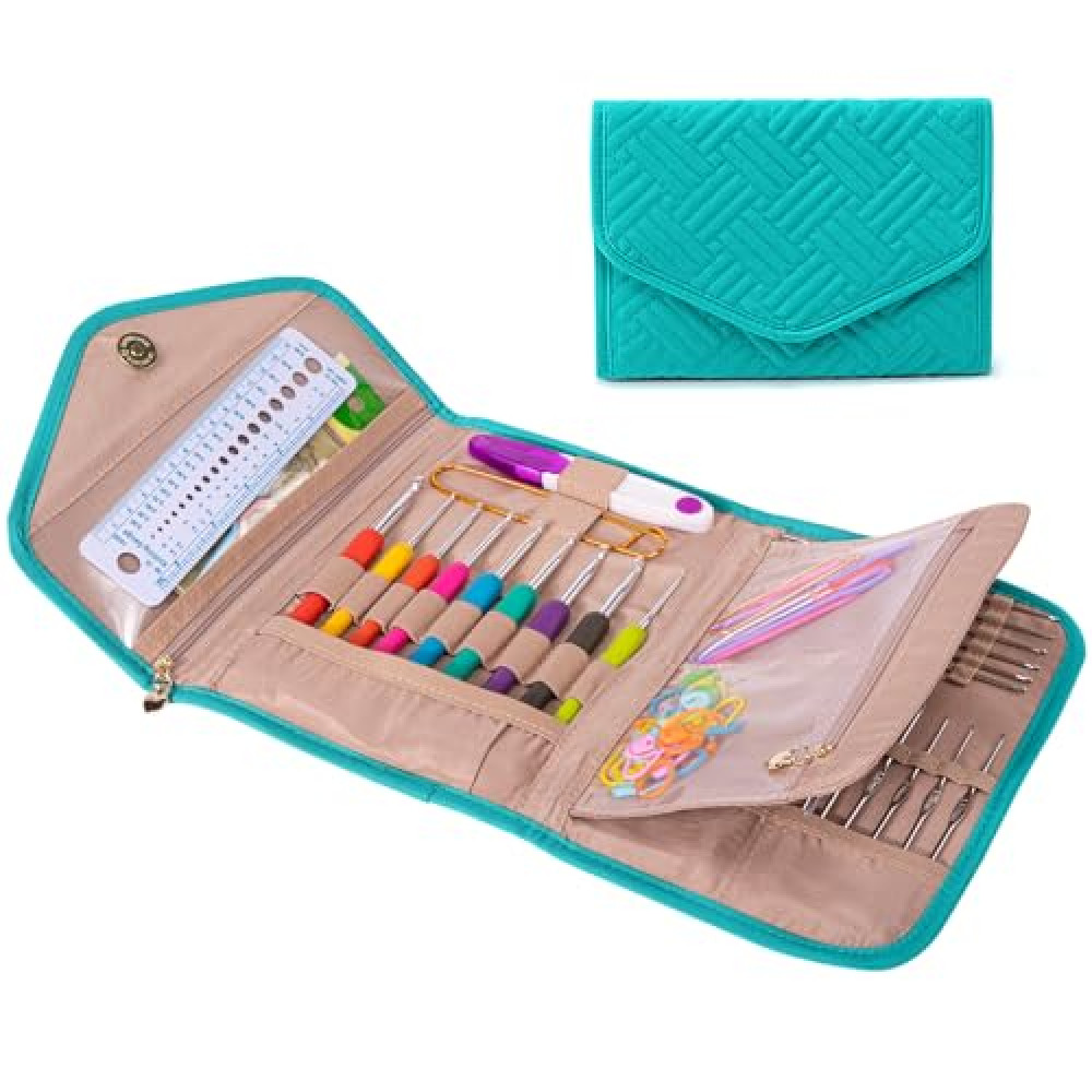 MYBAGZING Crochet Hook Case Empty - Foldable Crochet Hook Organizer - Crochet Hook Holder for Knitting & Crochet Supplies - Knitting Accessories, Teal