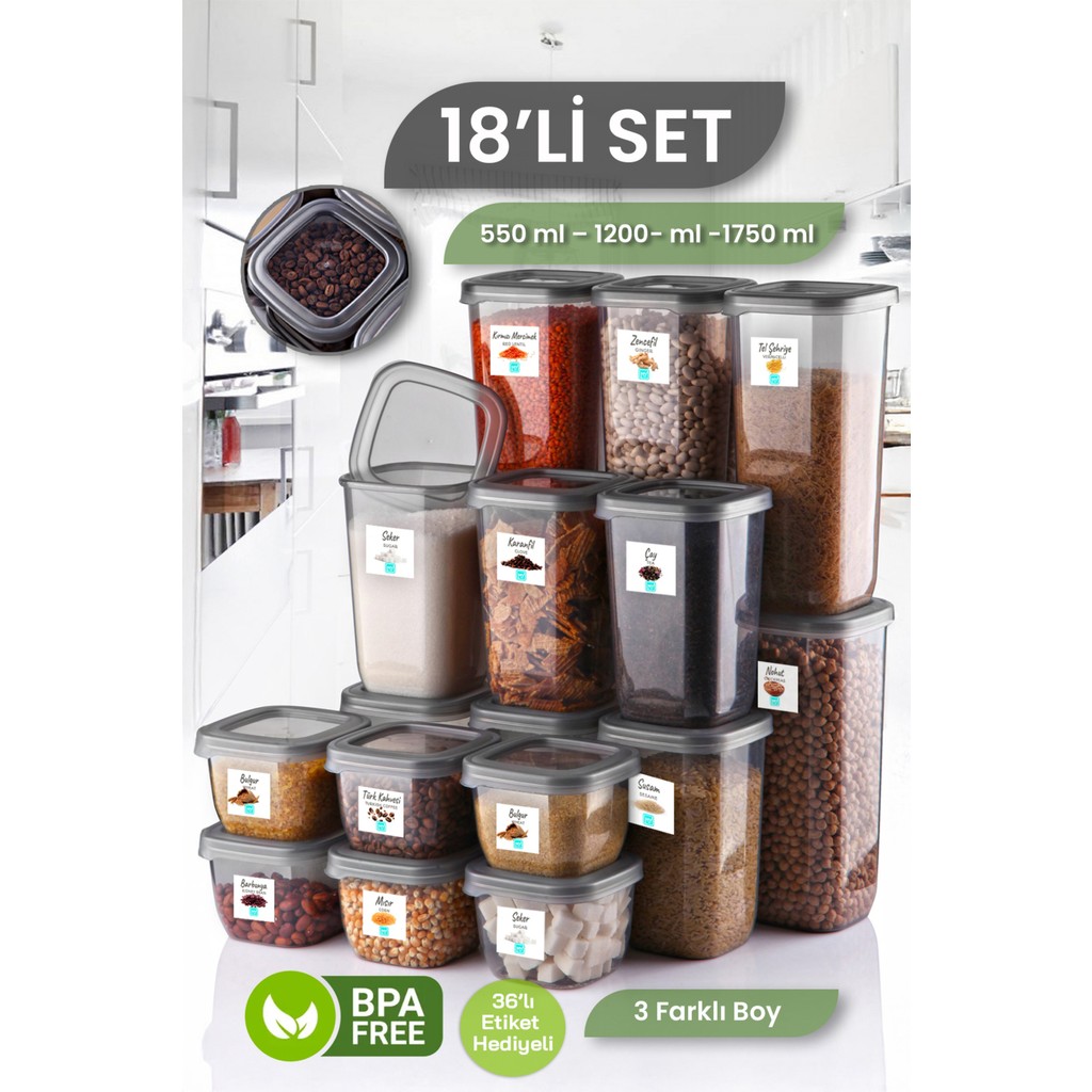 MYBOX 18'li Set Etiketli Kare Erzak Saklama Kabı - Bakliyat Saklama Kutusu Baharatlık 6x(550-1200-1750 ML) - 18 Adet Eşya Saklama / Düzenleme Fiyatı
