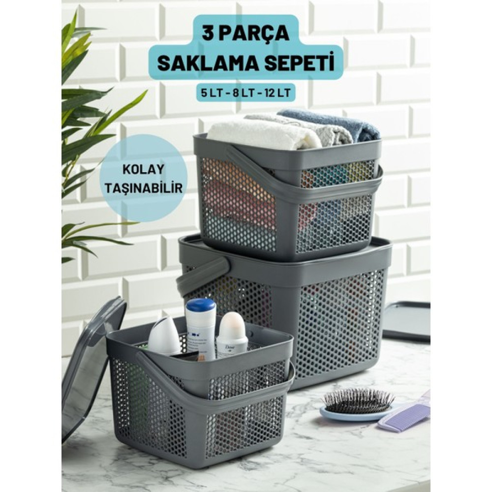 Mybox Düzenleyici Saklama Sepeti Seti - 3 Parça Kapaklı Set - 5 Lt, 8 Lt, 12 Lt - Antrasit Eşya Saklama Kutusu Fiyatı