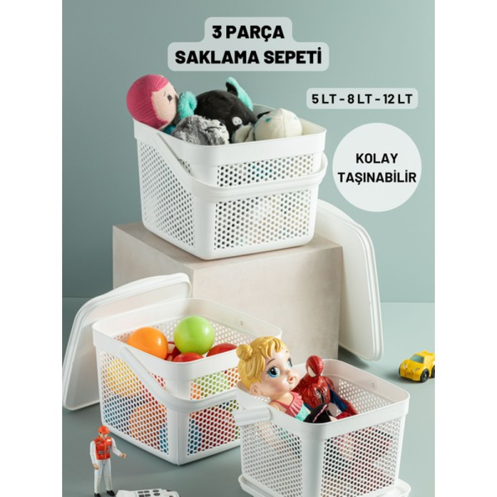 Mybox Düzenleyici Saklama Sepeti Seti - 3 Parça Kapaklı Set - 5 Lt, 8 Lt, 12 Lt - Beyaz Eşya Saklama Kutusu Fiyatı
