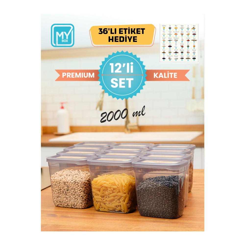 MYBOX Erzak Saklama Kabı Seti - 12 Parça 2000 ml - Etiket Hediyeli - Premium Kalite Saklama Kapları Fiyatı