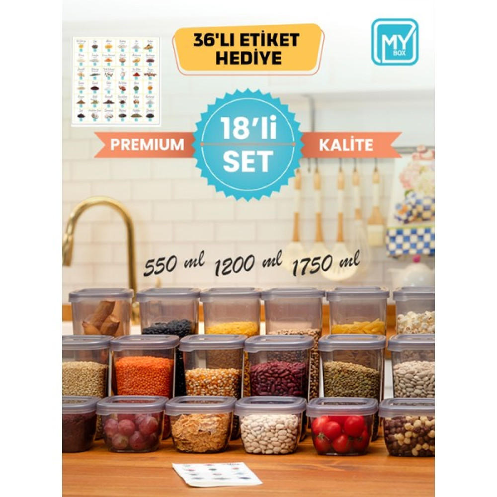 MYBOX Saklama Kabı - 18, 24, 30 Parça Setler - Etiket Hediyeli - Erzak ve Baharatlık Saklama Kabı Seti, 550 Ml, 1200 Ml, 1750 ml - 18 Adet Saklama Kapları Fiyatı