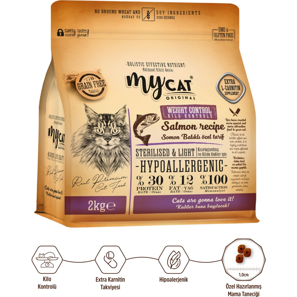 MyCat Az Tahıllı Somon Balıklı Kedi Maması 2 kg Kilo Kontrolü İçin Karışık Tat Evcil Hayvan Ürünleri Fiyatı