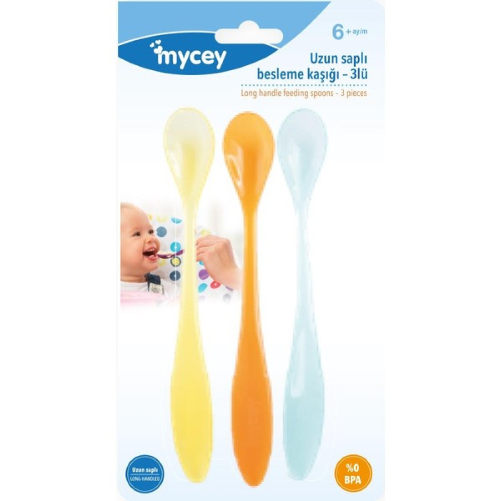 Mycey Uzun Saplı Beslenme Kaşığı 3'lü Turuncu Sarı Mavi Mama Seti Fiyatı