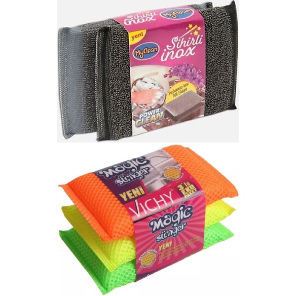 Myclean Sihirli Inox Paslanmaz Telli Sünger 2li + Vichy Macig 3'lü Sünger - Gri Bulaşık Yıkama Fiyatı