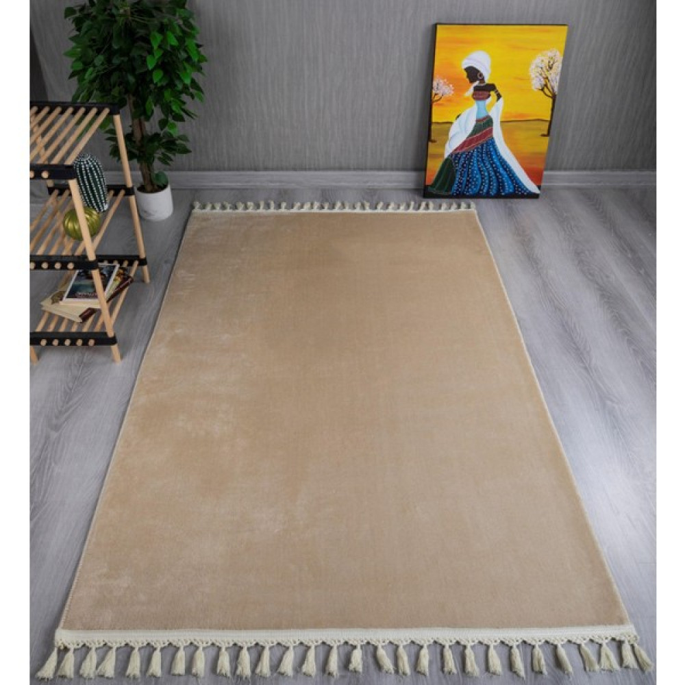 Myevilla My Evilla Modern Dekoratif Örgü Saçaklı Simirna Peluş Halı Yolluk - 80 x 100 cm - Bej Yolluk Fiyatı
